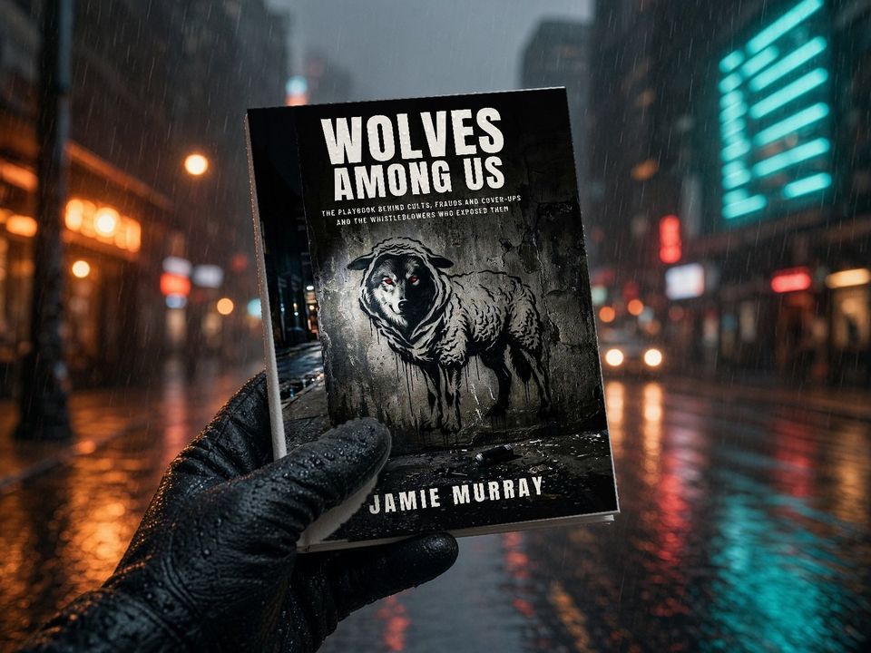 Wolves Among Us paperback held up on a rainy city street at night
