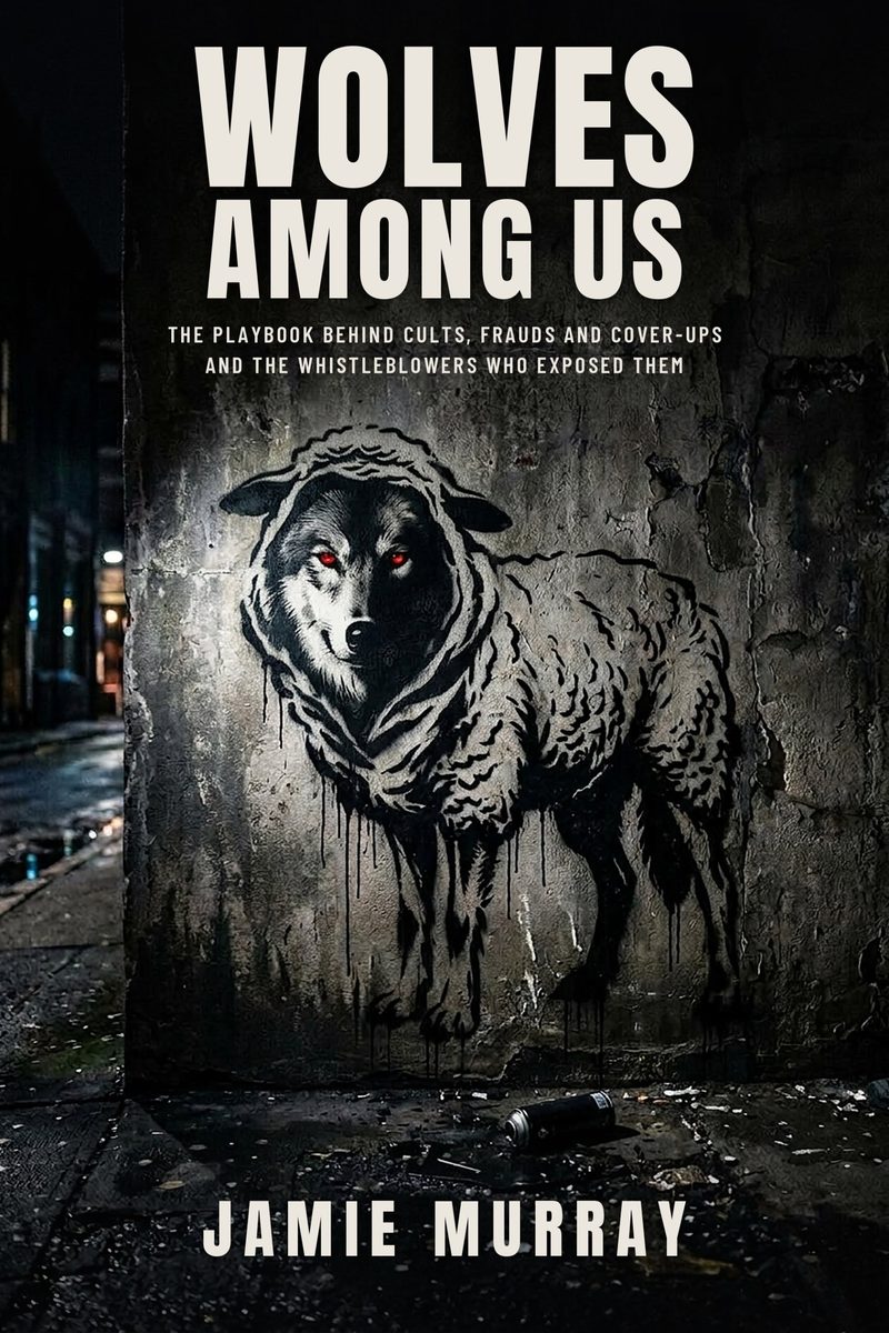 Cover of Wolves Among Us by Jamie Murray: a stencil of a red-eyed wolf in sheep’s clothing on a night-time city wall