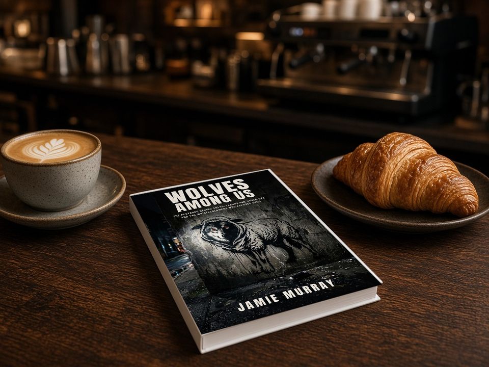 Wolves Among Us paperback lying on a café table beside a latte and a croissant