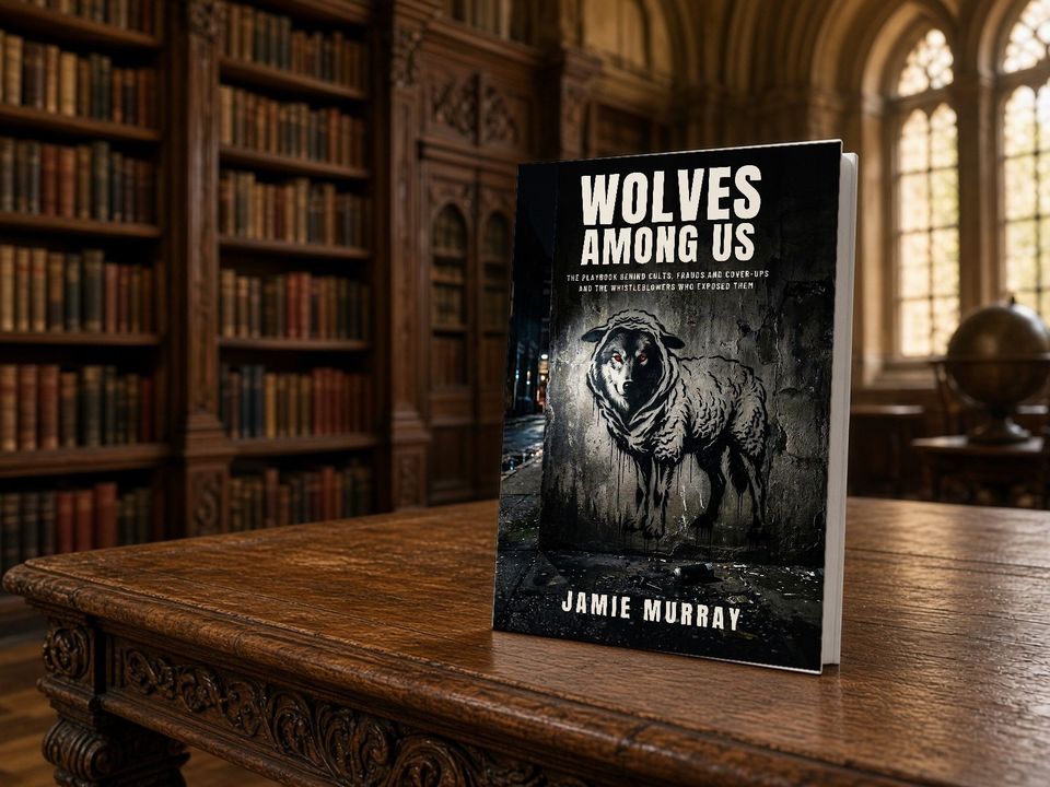 Wolves Among Us paperback standing on a carved wooden table in an old library